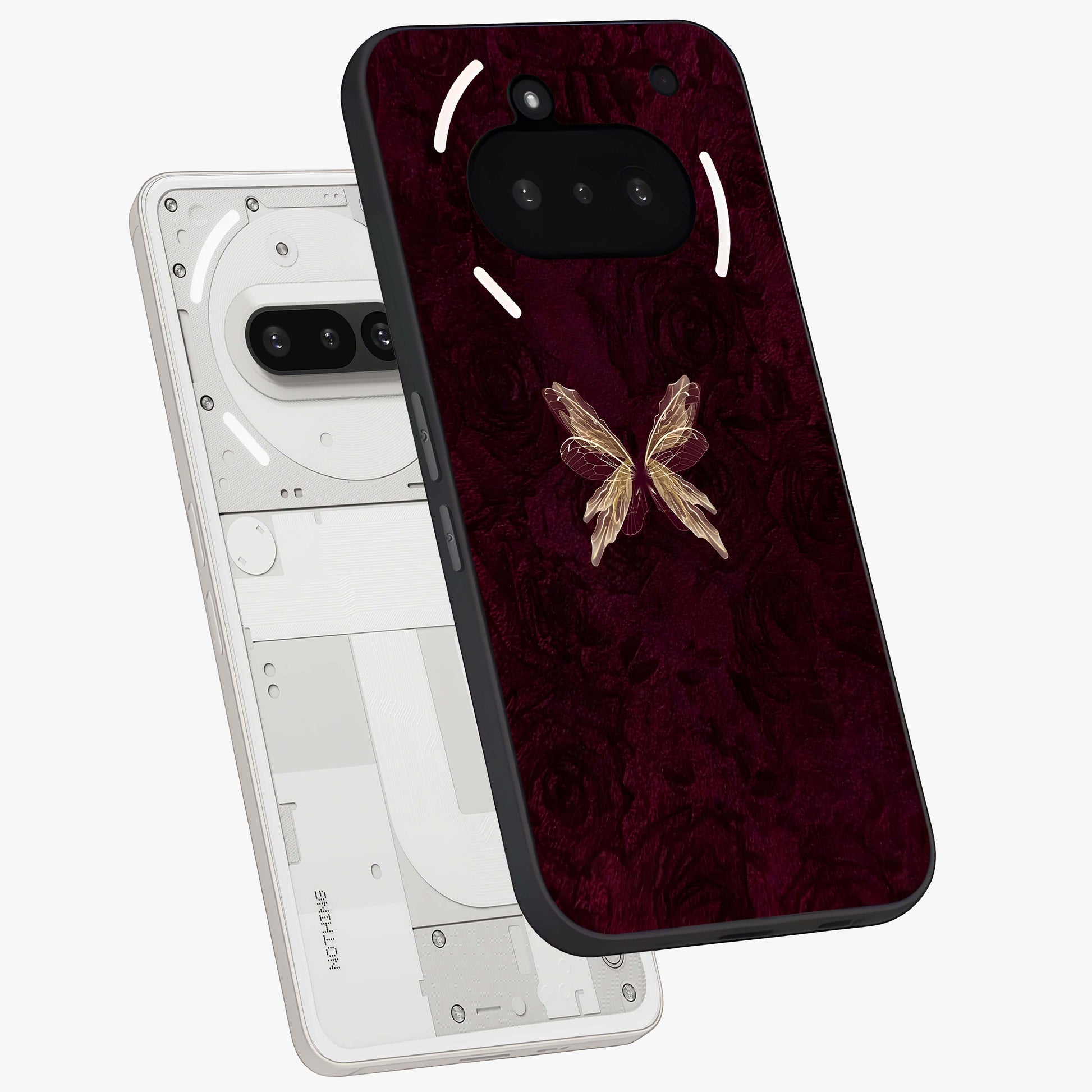 Crimson Fade Butterfly Glass Case displayed in angled mockup highlighting elegant butterfly design with crimson gradient aesthetic.