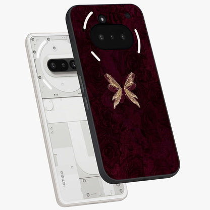 Crimson Fade Butterfly Glass Case displayed in angled mockup highlighting elegant butterfly design with crimson gradient aesthetic.