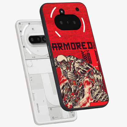 Crimson Mecha Titan Glass Case displayed in angled mockup highlighting futuristic mech illustration with bold crimson aesthetic.