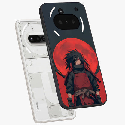 Crimson Moon Warlord Glass Case displayed in angled mockup highlighting dramatic crimson moon design with fantasy aesthetic.