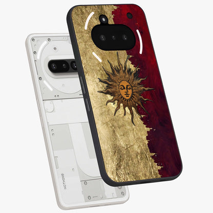 Crimson Sun Majesty Glass Case displayed in angled mockup highlighting majestic crimson sun design with bold aesthetic style.