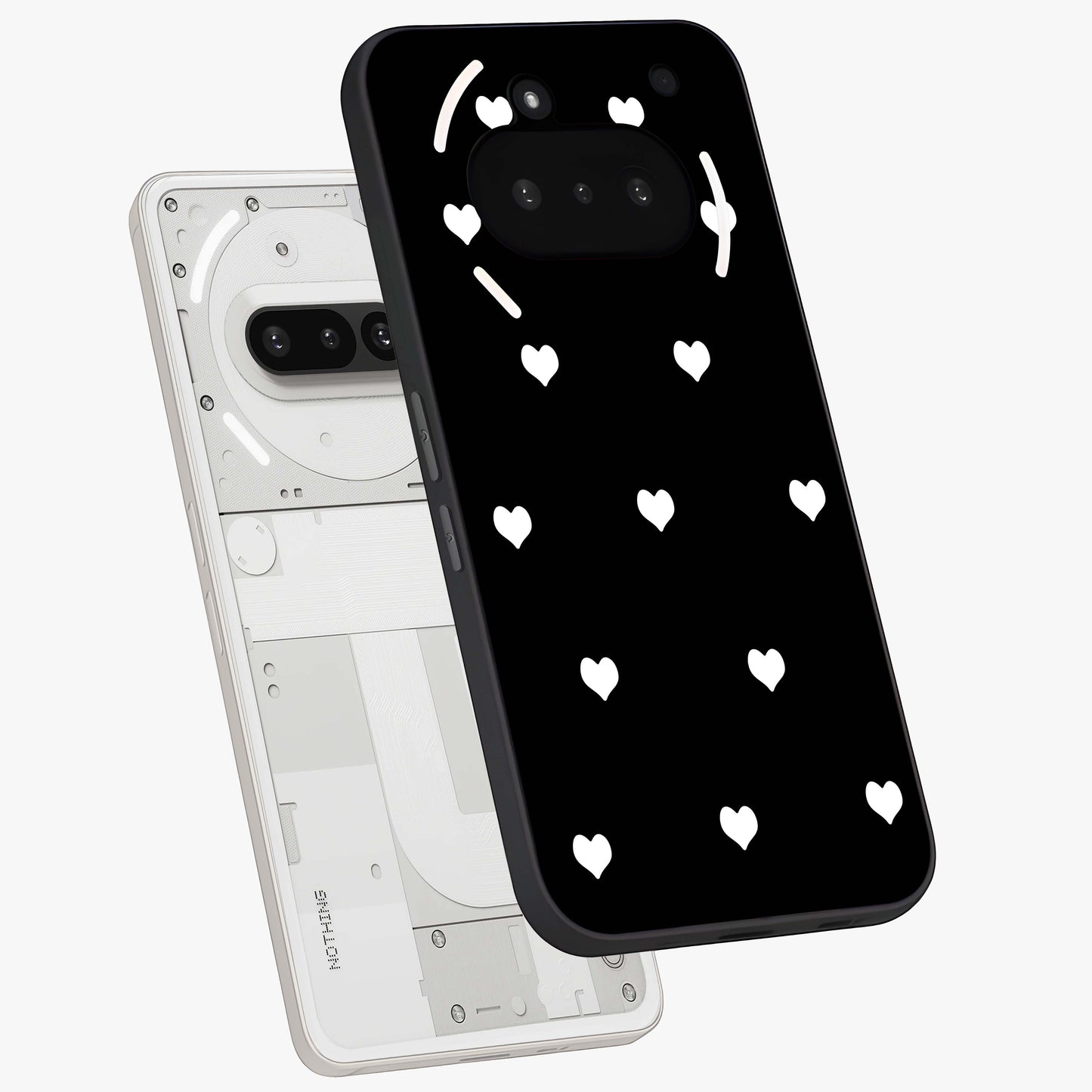 Cute And Simple White Hearts Glass Case displayed in angled mockup highlighting cute heart design with clean aesthetic style.