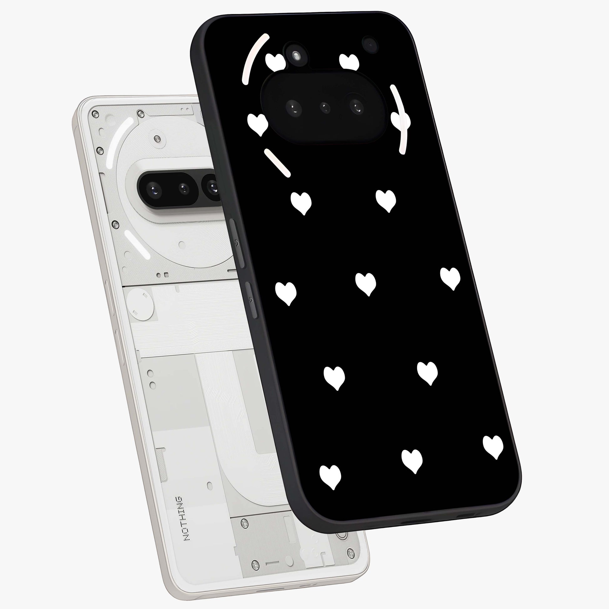 Cute And Simple White Hearts Glass Case displayed in angled mockup highlighting cute heart design with clean aesthetic style.