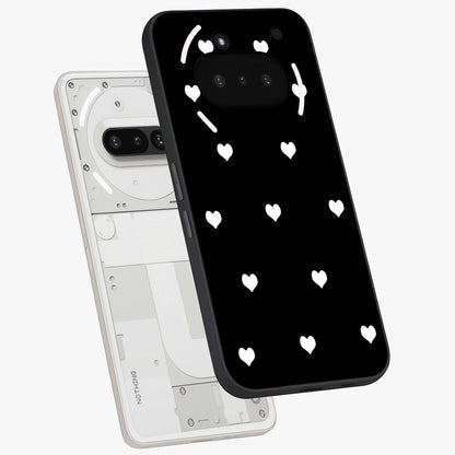 Cute And Simple White Hearts Glass Case displayed in angled mockup highlighting cute heart design with clean aesthetic style.