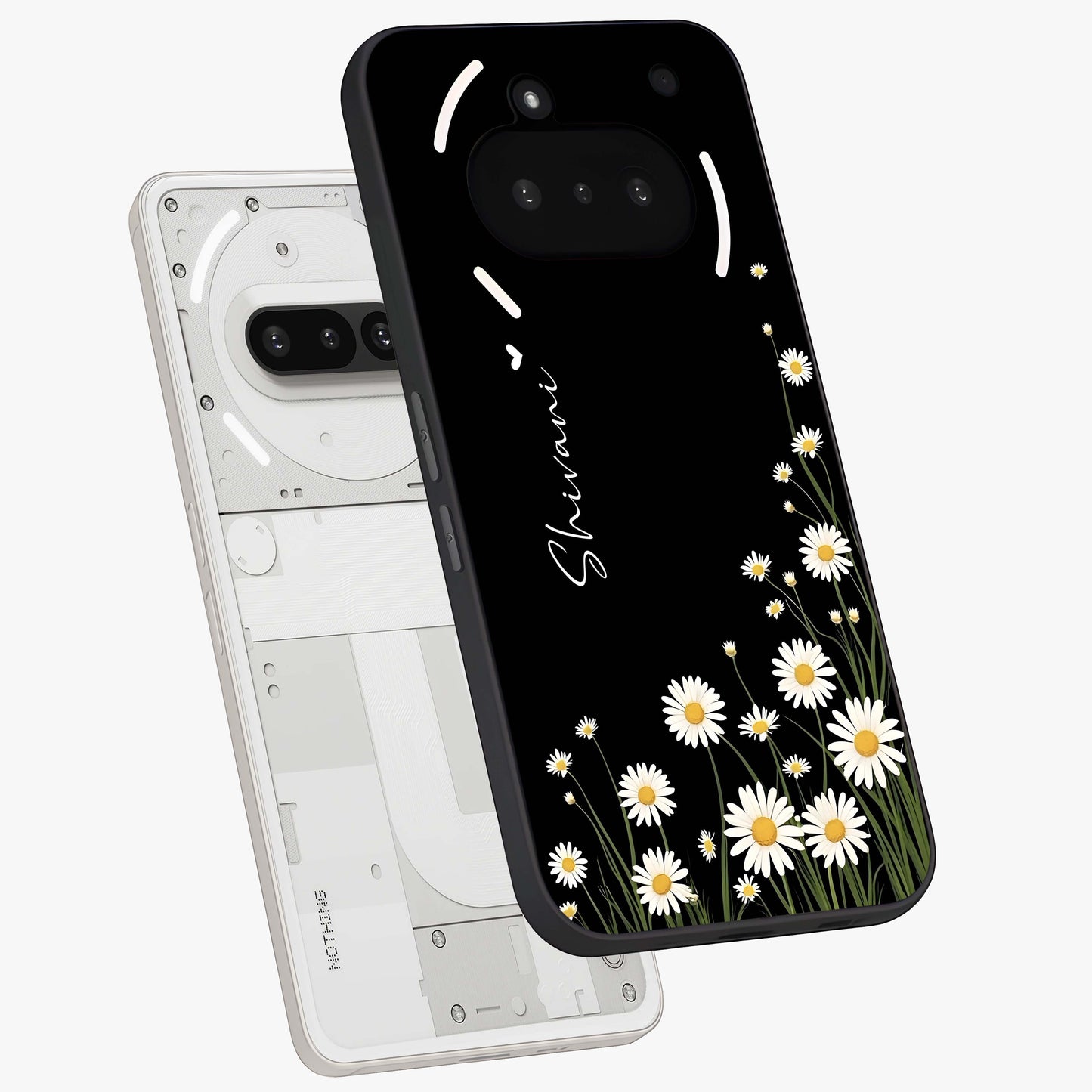 Daisy Cascade Custom Name Glass Case displayed in angled mockup highlighting delicate daisy artwork with custom name feature.