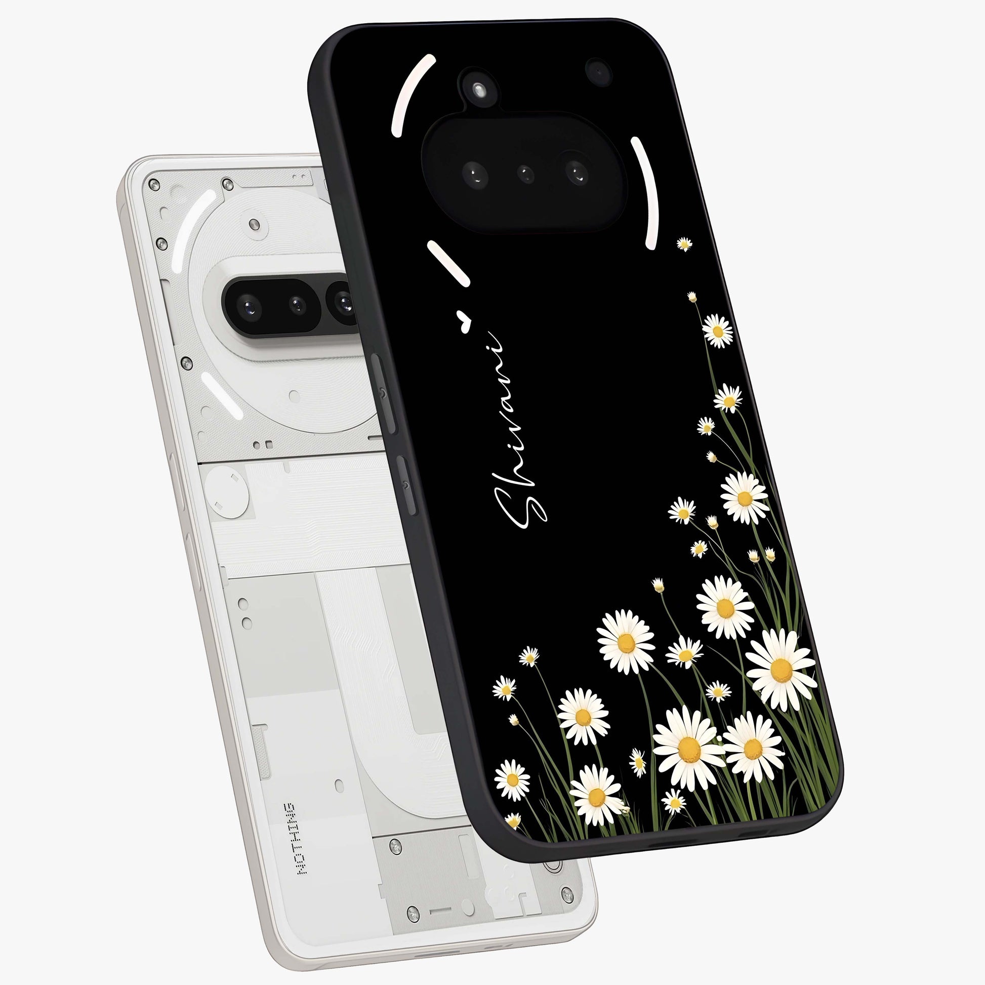 Daisy Cascade Custom Name Glass Case displayed in angled mockup highlighting delicate daisy artwork with custom name feature.