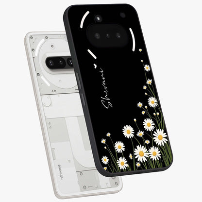 Daisy Cascade Custom Name Glass Case displayed in angled mockup highlighting delicate daisy artwork with custom name feature.