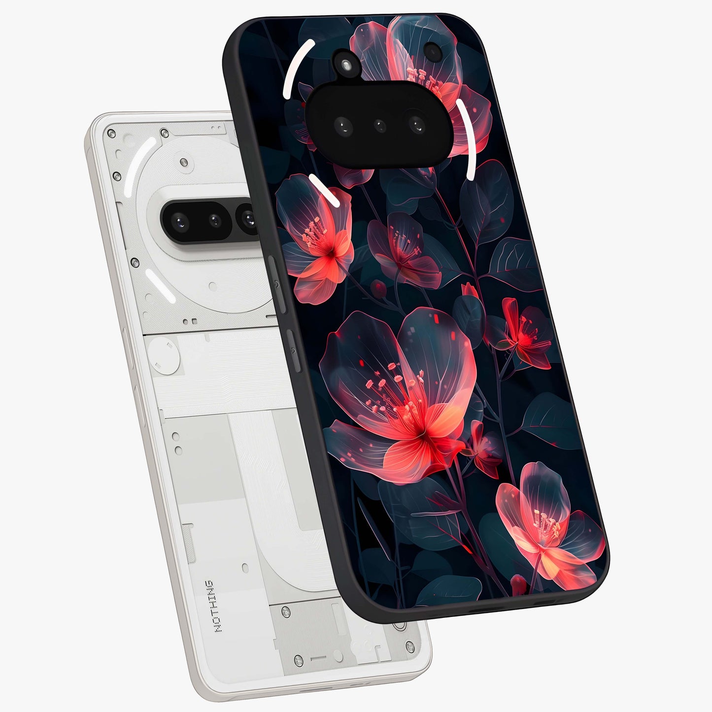 Dark Shade of Flower Glass Case displayed in angled mockup highlighting moody floral illustration with aesthetic dark tones.