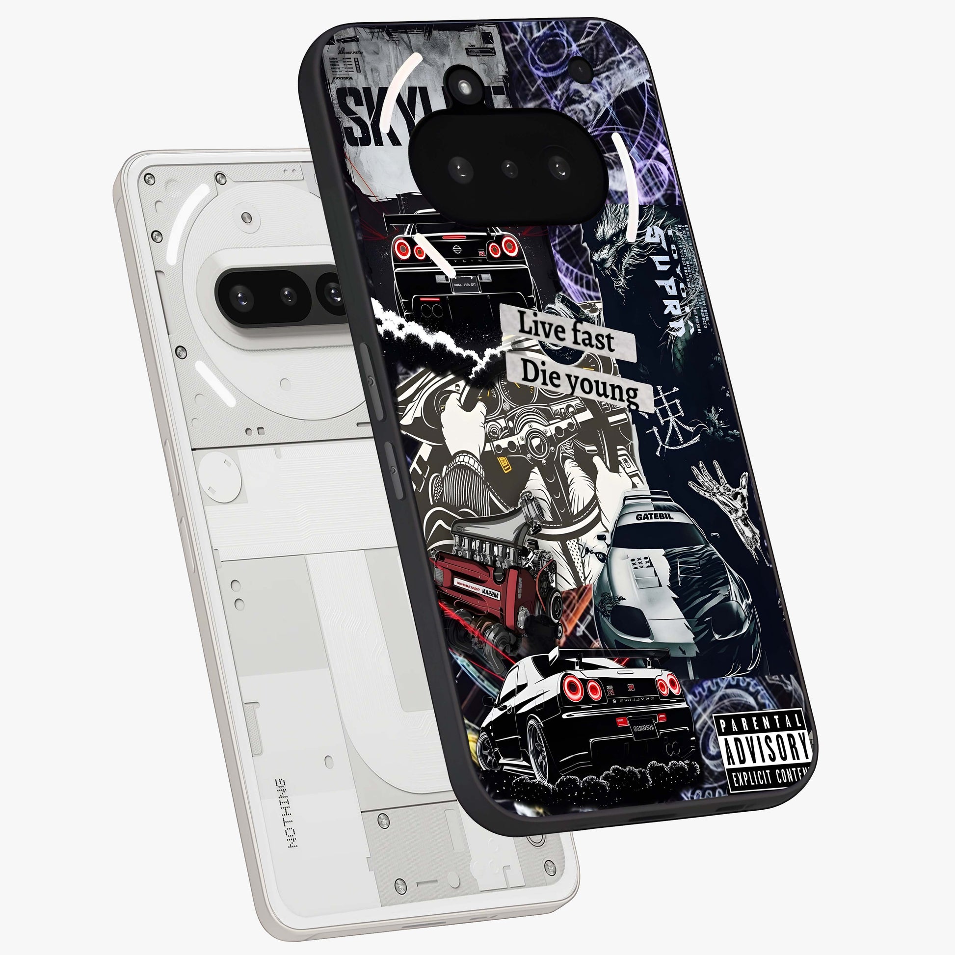 Die Young Glass Case displayed in angled mockup highlighting expressive graphic artwork with edgy aesthetic style.