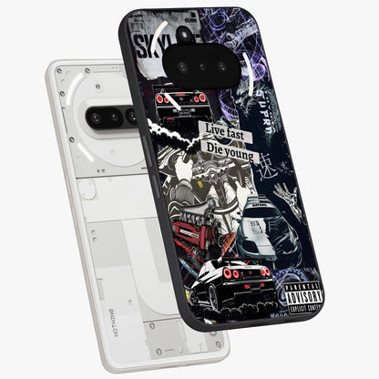 Die Young Glass Case displayed in angled mockup highlighting expressive graphic artwork with edgy aesthetic style.