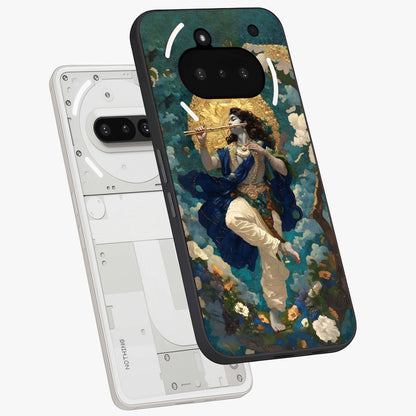 Divine Krishna Art Glass Case displayed in angled mockup highlighting spiritual Krishna illustration with devotional aesthetic.
