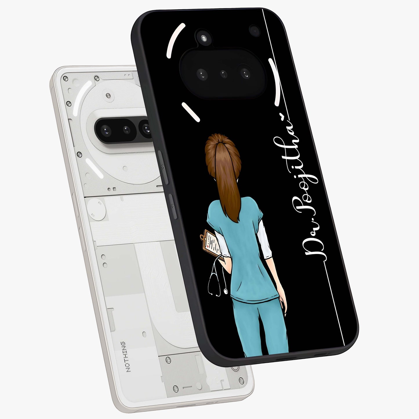 Doctor Pattern Custom Name Glass Case displayed in angled mockup highlighting doctor inspired artwork with custom name feature.