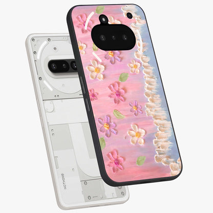 Dreamy Painted Garden Glass Case displayed in angled mockup highlighting colorful garden illustration with dreamy aesthetic style.