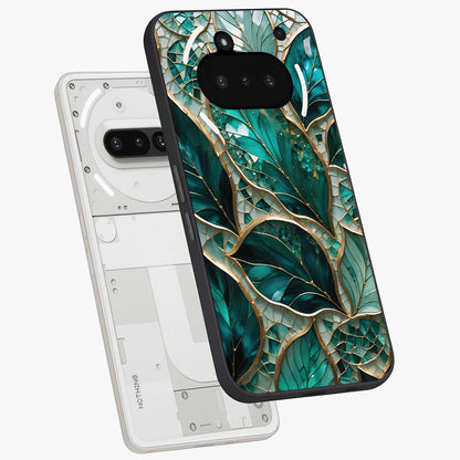 Emerald Leaf Glass Glass Case displayed in angled mockup highlighting botanical leaf illustration with elegant natural aesthetic.