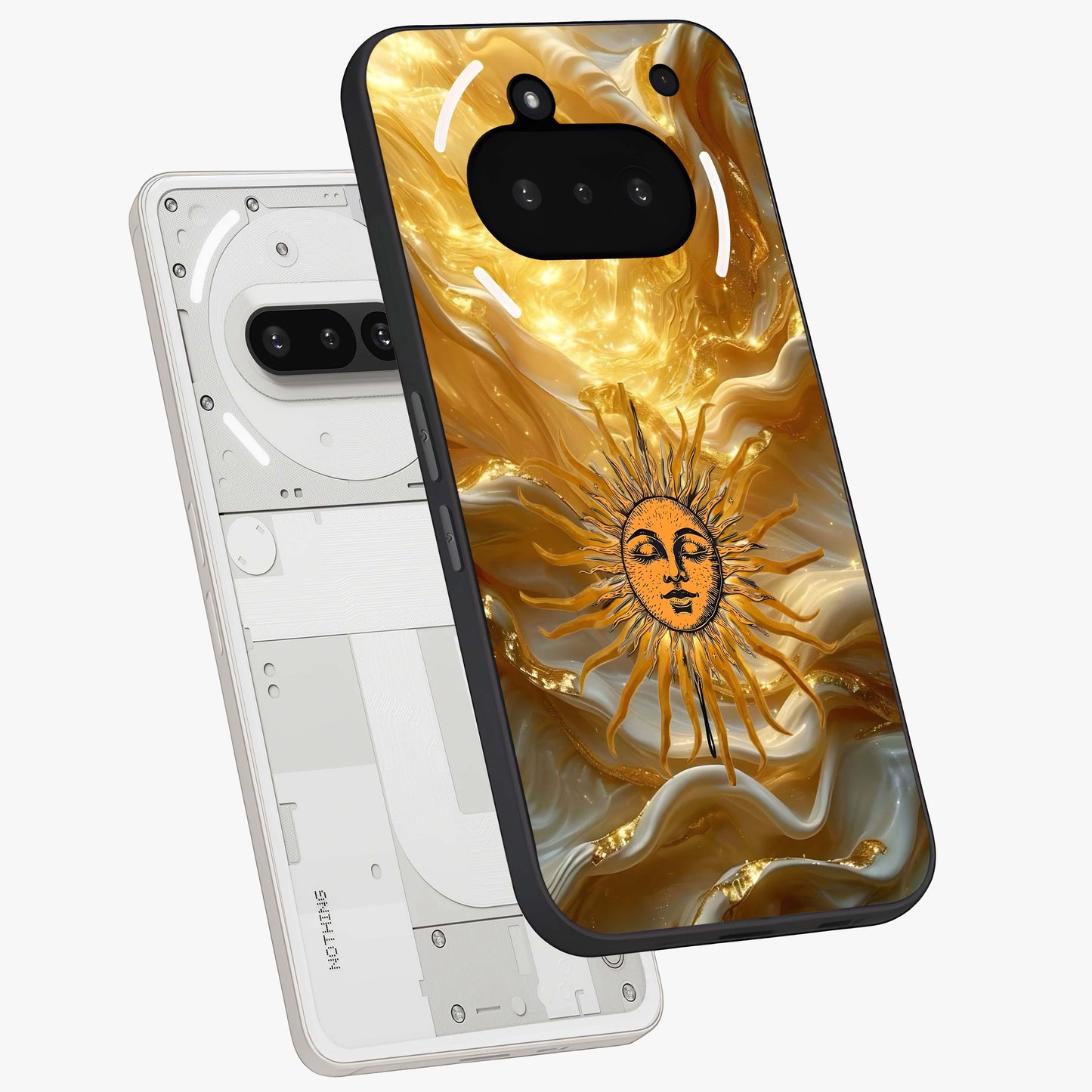 Eternal Golden Glow Glass Case displayed in angled mockup highlighting glowing golden aesthetic design with elegant style.