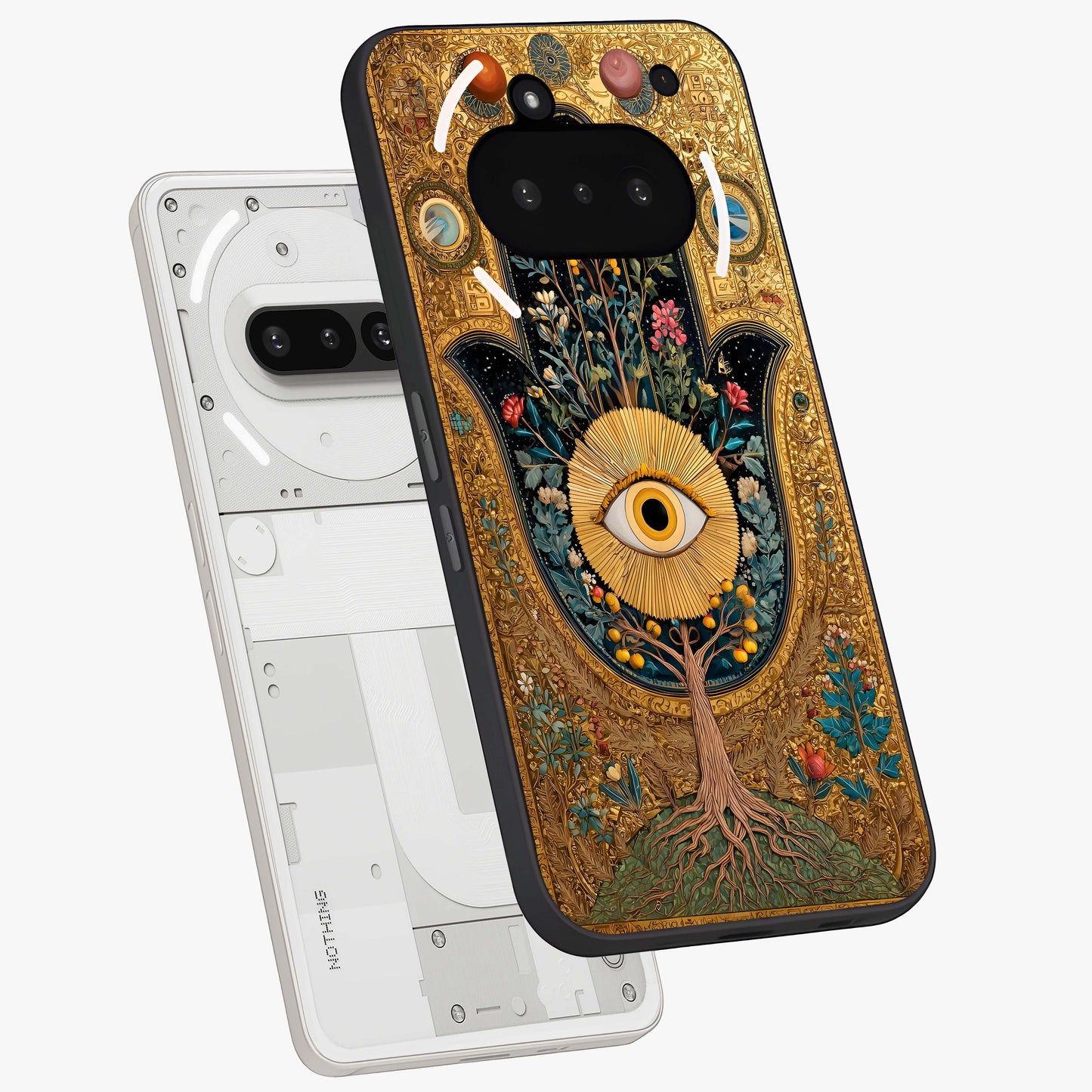 Ethereal Evil Eye Glass Case displayed in angled mockup highlighting protective evil eye symbol with spiritual aesthetic design.
