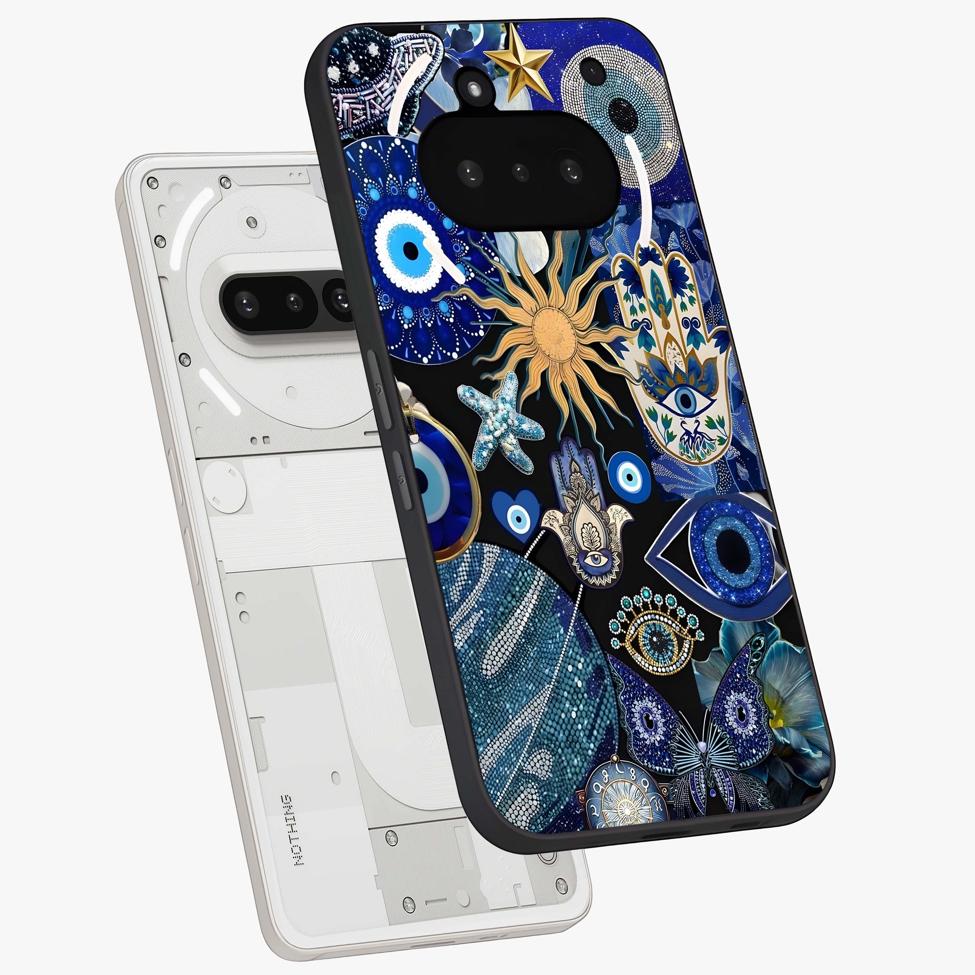 Evil Eye Charm Mix Glass Case displayed in angled mockup highlighting protective evil eye symbols with spiritual aesthetic design.