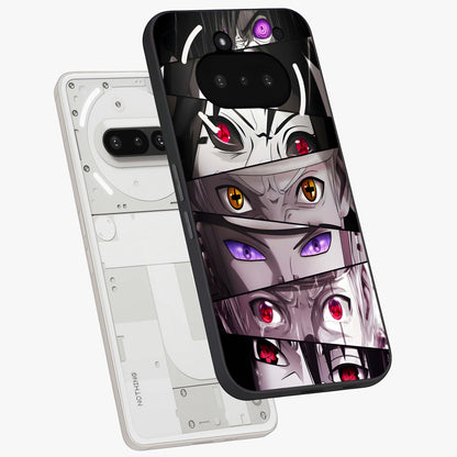 Eyes of Destiny Glass Case displayed in angled mockup highlighting bold eye illustration with mystical aesthetic style.