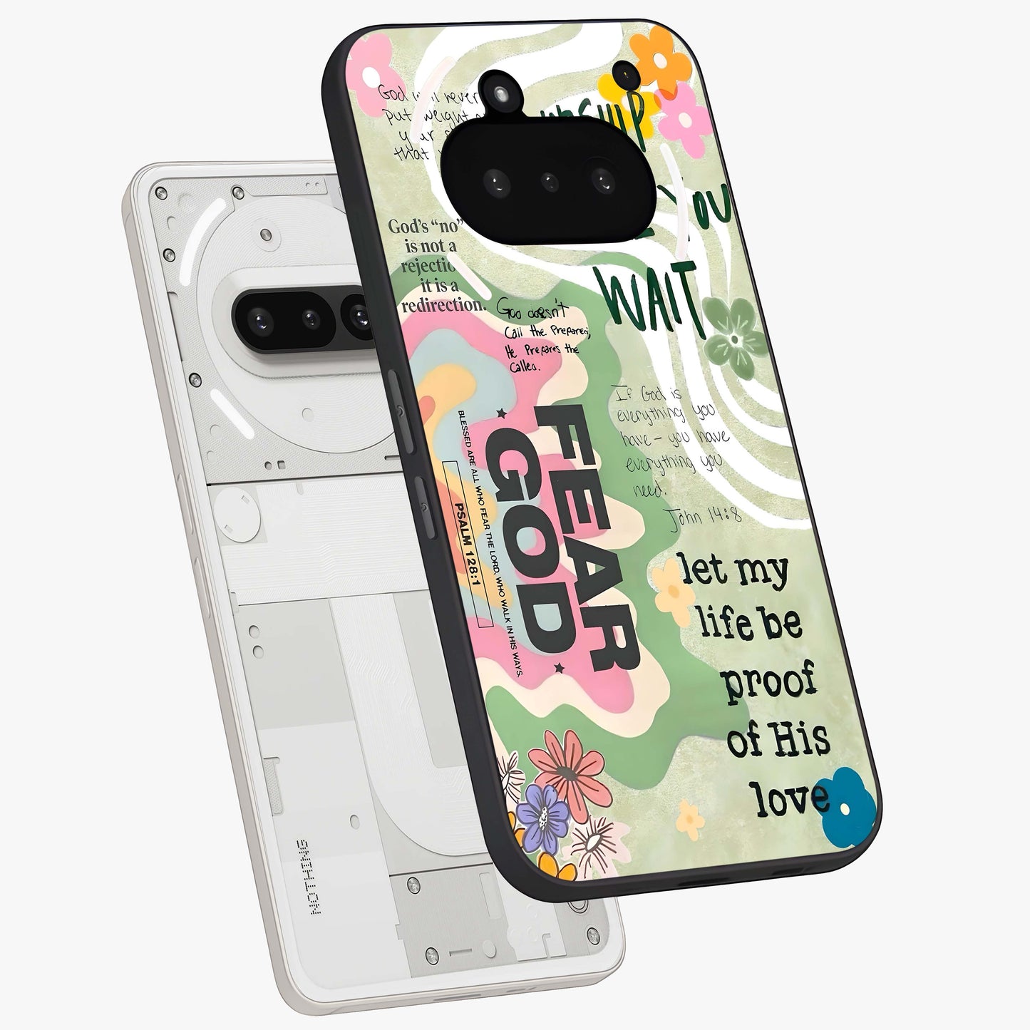 Faith Over Fear Glass Case displayed in angled mockup highlighting inspirational message design with modern aesthetic style.