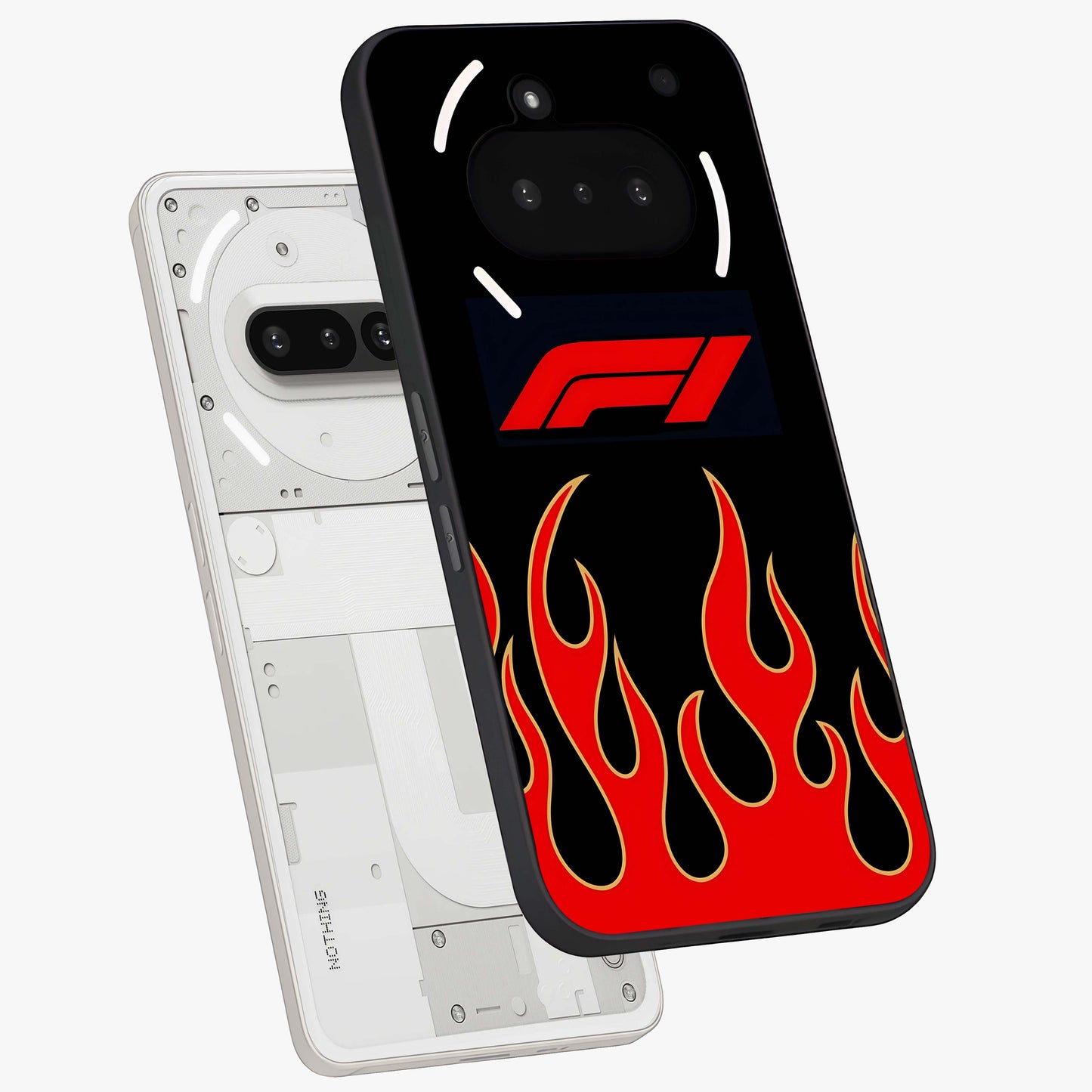 Fire F11 Glass Case displayed in angled mockup highlighting bold fire inspired graphic with energetic aesthetic style.