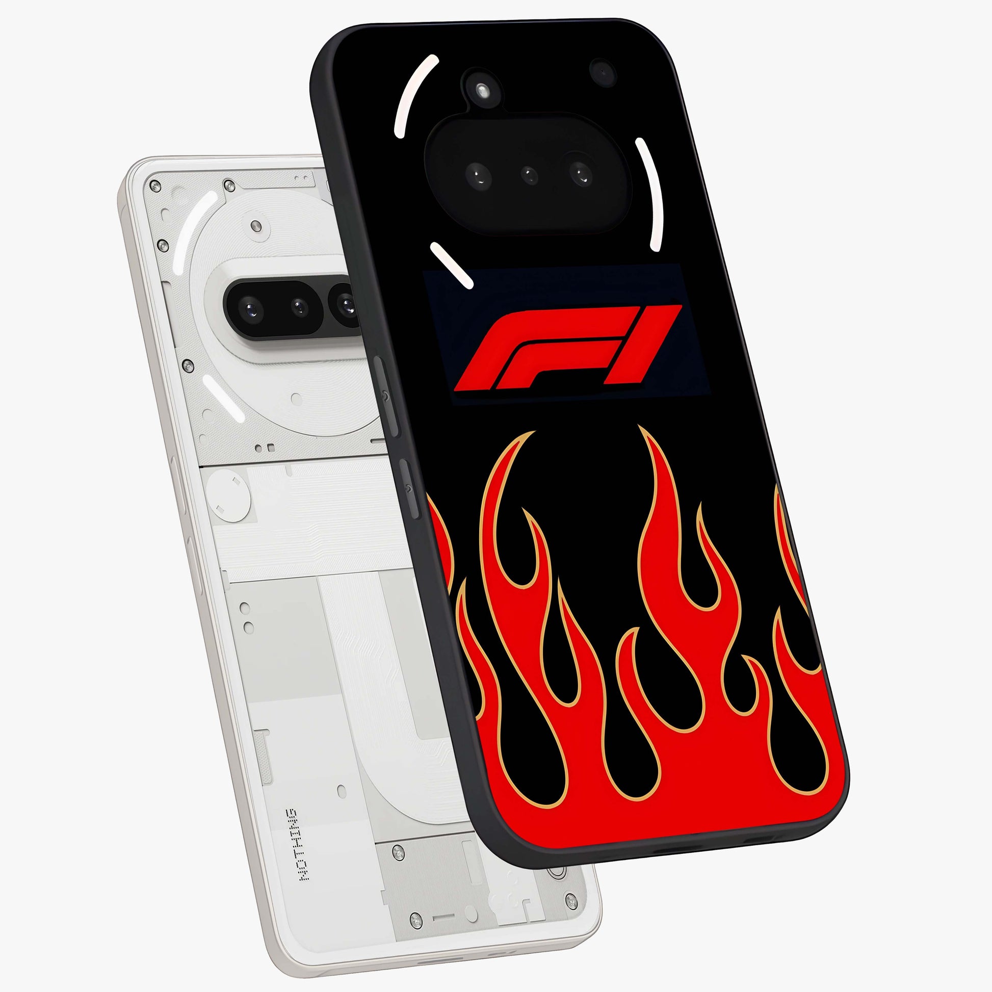 Fire F11 Glass Case displayed in angled mockup highlighting bold fire inspired graphic with energetic aesthetic style.
