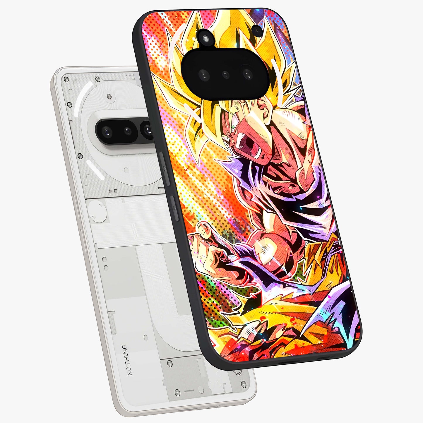 Firing Goku Glass Case displayed in angled mockup highlighting dynamic anime character design with action aesthetic.
