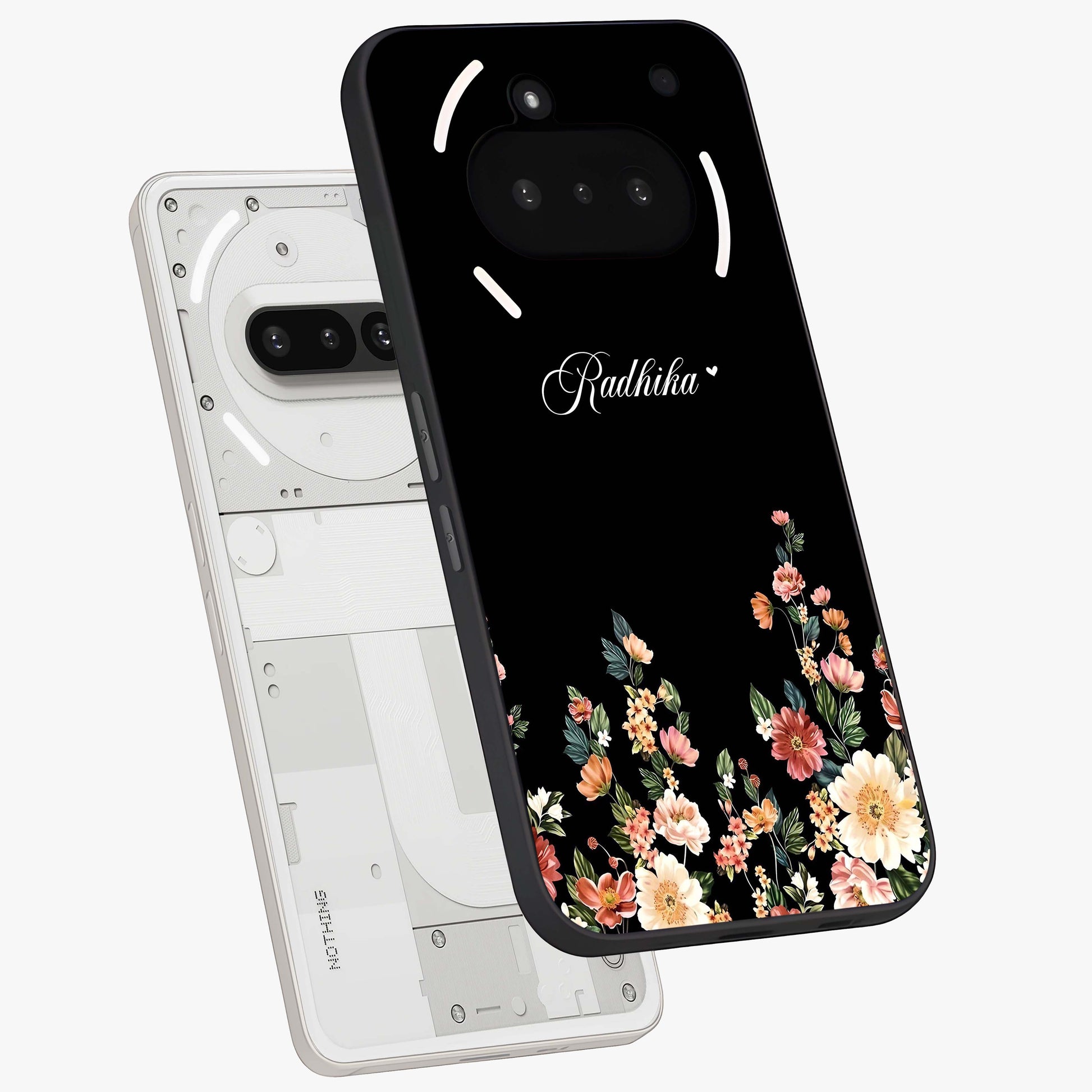 Floral Design With a Custom Personalized Name Glass Case displayed in angled mockup highlighting elegant floral pattern with custom name feature.