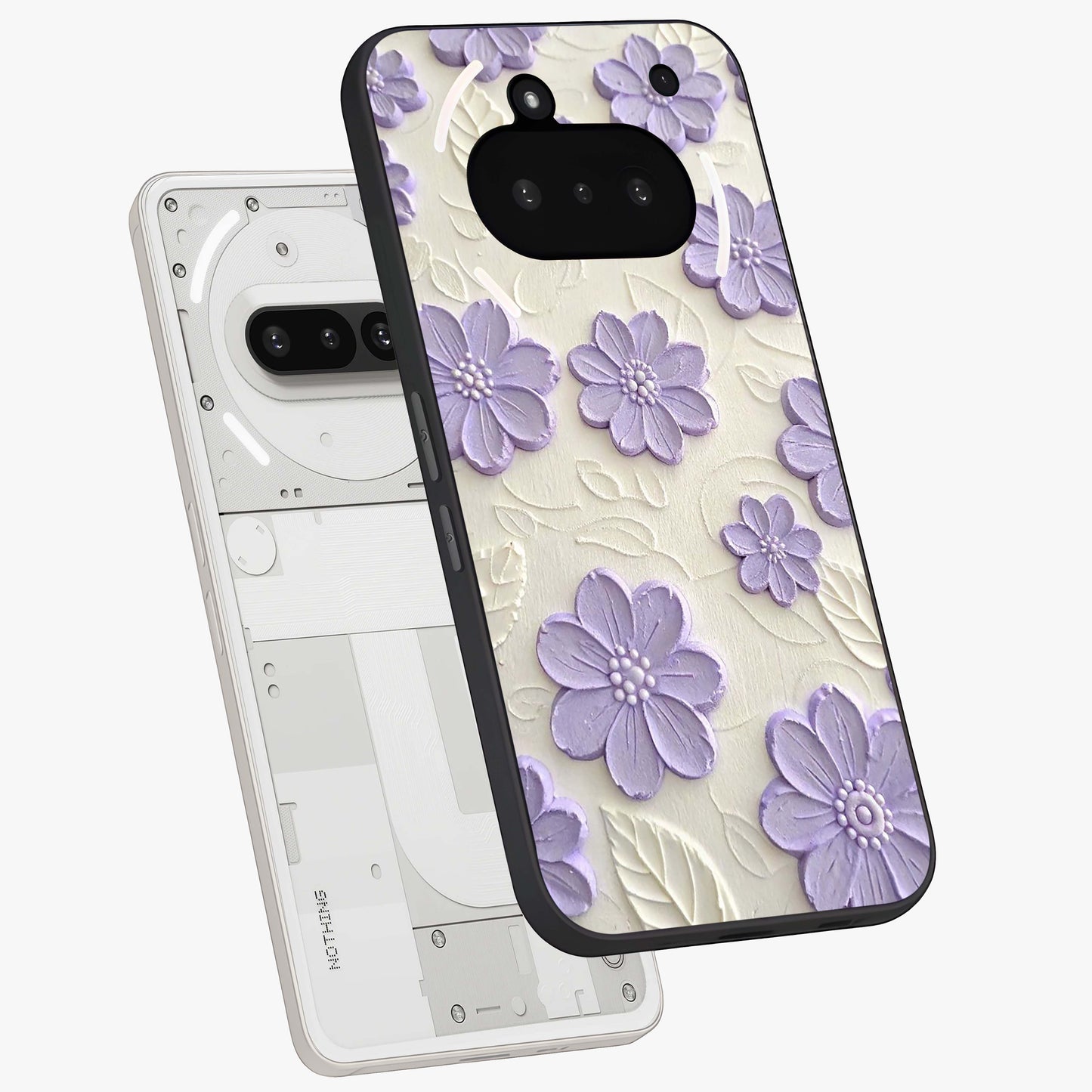 Floral Wall Art With Purple Flowers Glass Case displayed in angled mockup highlighting vibrant purple floral illustration with artistic aesthetic.