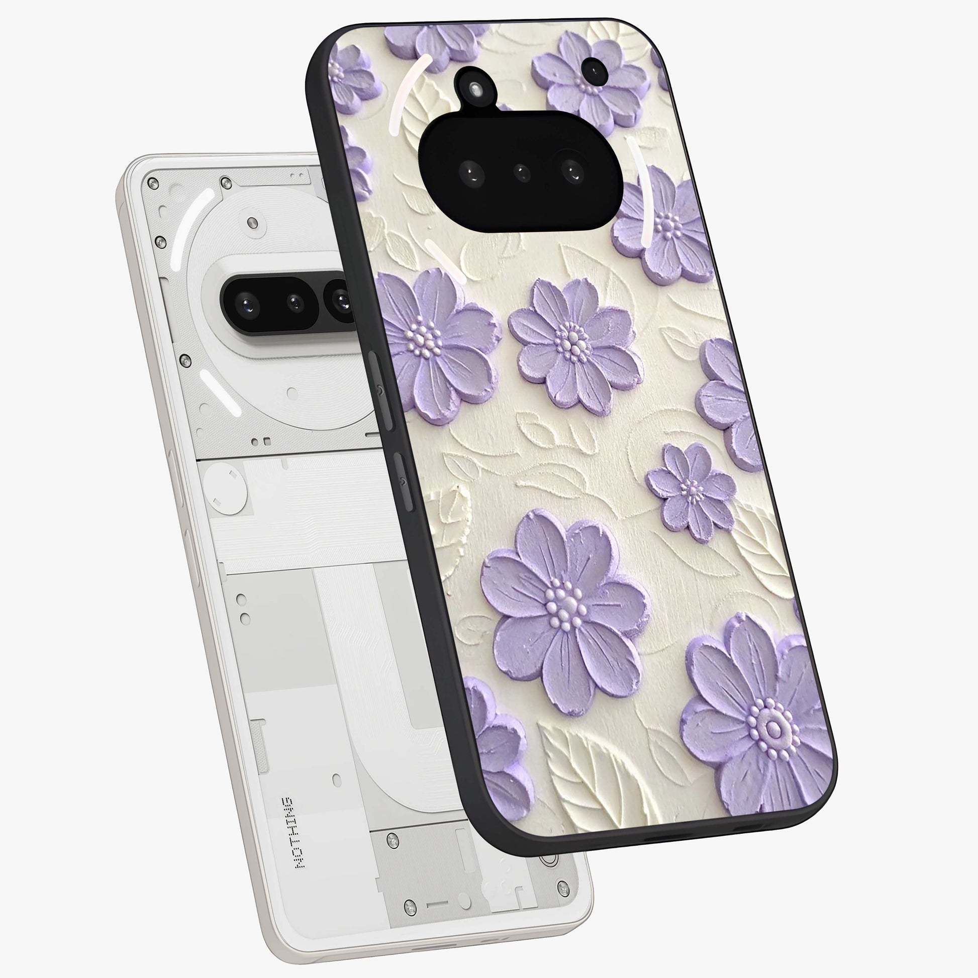 Floral Wall Art With Purple Flowers Glass Case displayed in angled mockup highlighting vibrant purple floral illustration with artistic aesthetic.