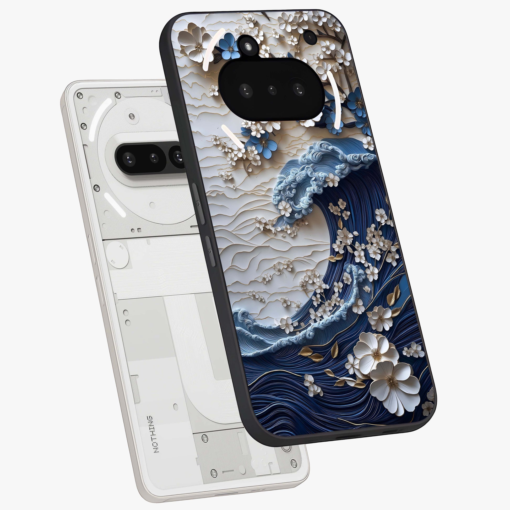 Floral Wave Origami Glass Case displayed in angled mockup highlighting geometric origami flower design with modern aesthetic style.