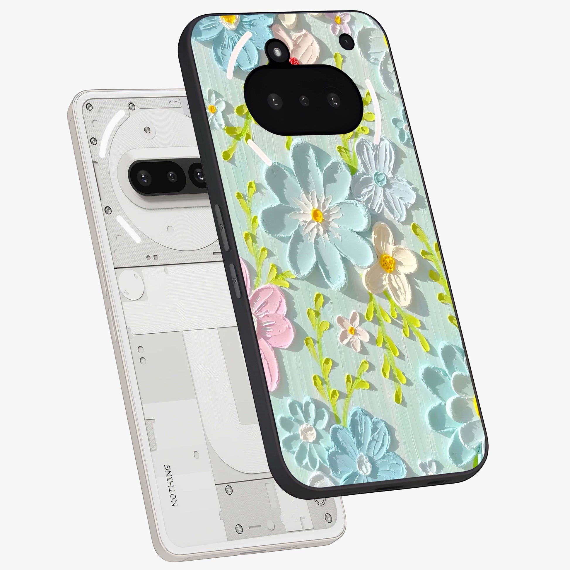Frosted Petal Garden Glass Case displayed in angled mockup highlighting delicate flower petal design with calm garden aesthetic.