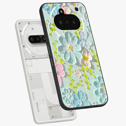 Frosted Petal Garden Glass Case displayed in angled mockup highlighting delicate flower petal design with calm garden aesthetic.