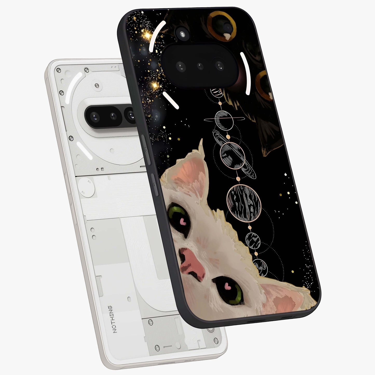 Galactic Cat Glass Case displayed in angled mockup highlighting celestial feline illustration with galaxy aesthetic style.