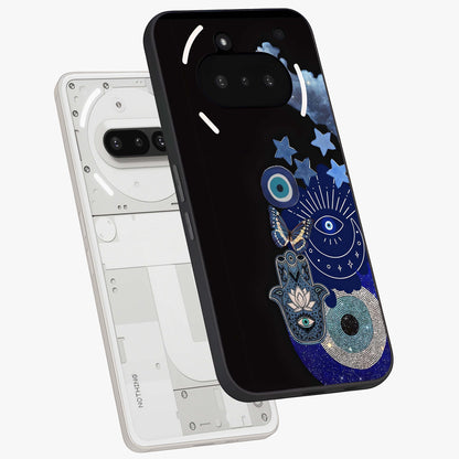 Galactic Charm Cluster Glass Case displayed in angled mockup highlighting luminous galaxy inspired design with dreamy aesthetic.