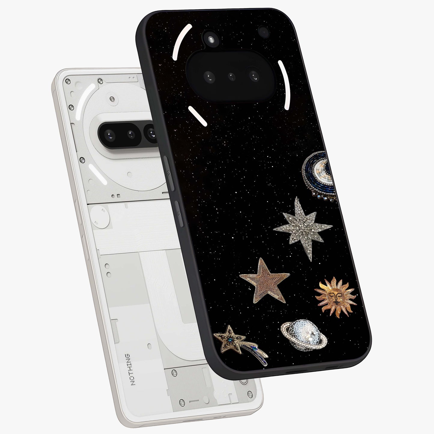 Galactic Charm Glow Glass Case displayed in angled mockup highlighting luminous galaxy inspired design with dreamy aesthetic.