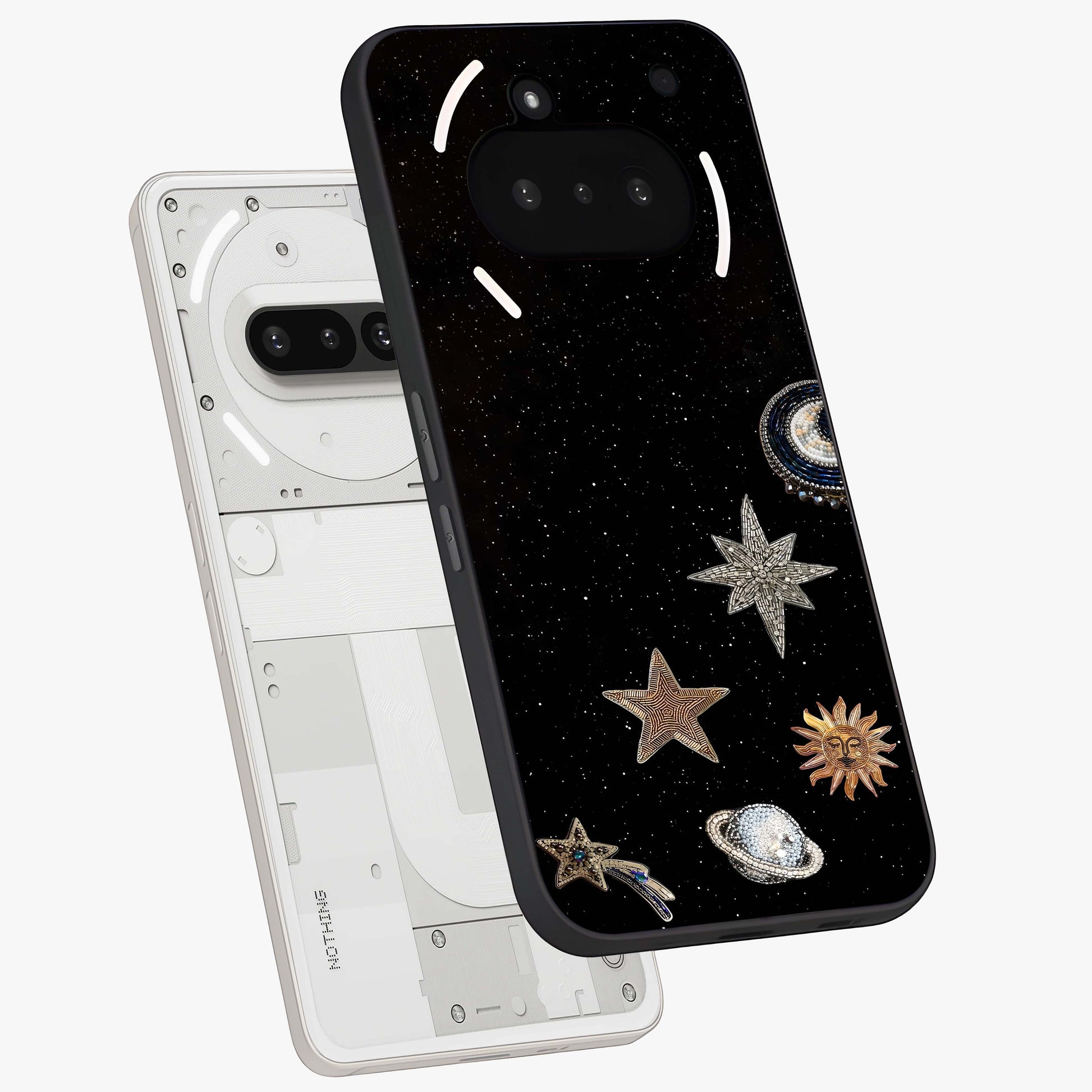 Galactic Charm Glow Glass Case displayed in angled mockup highlighting luminous galaxy inspired design with dreamy aesthetic.