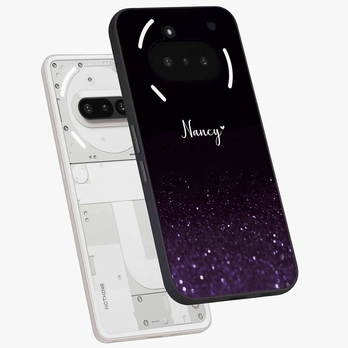 Glittery Purple Bokeh Custom Name Glass Case displayed in angled mockup highlighting glitter bokeh pattern with custom name feature.