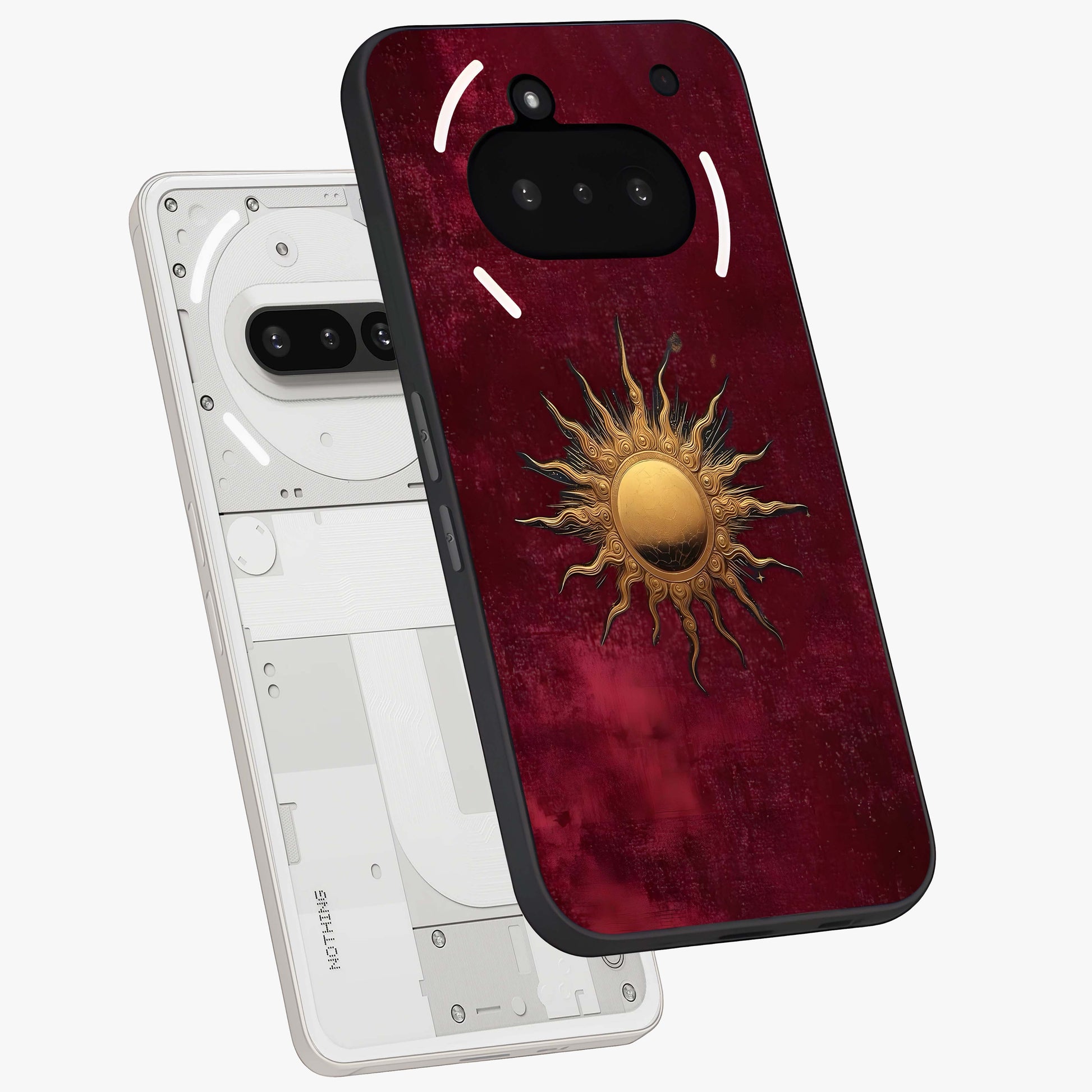 Golden Sun Minimalism Glass Case displayed in angled mockup highlighting clean sun symbol design with modern minimal aesthetic.