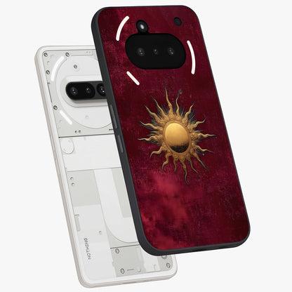 Golden Sun Minimalism Glass Case displayed in angled mockup highlighting clean sun symbol design with modern minimal aesthetic.