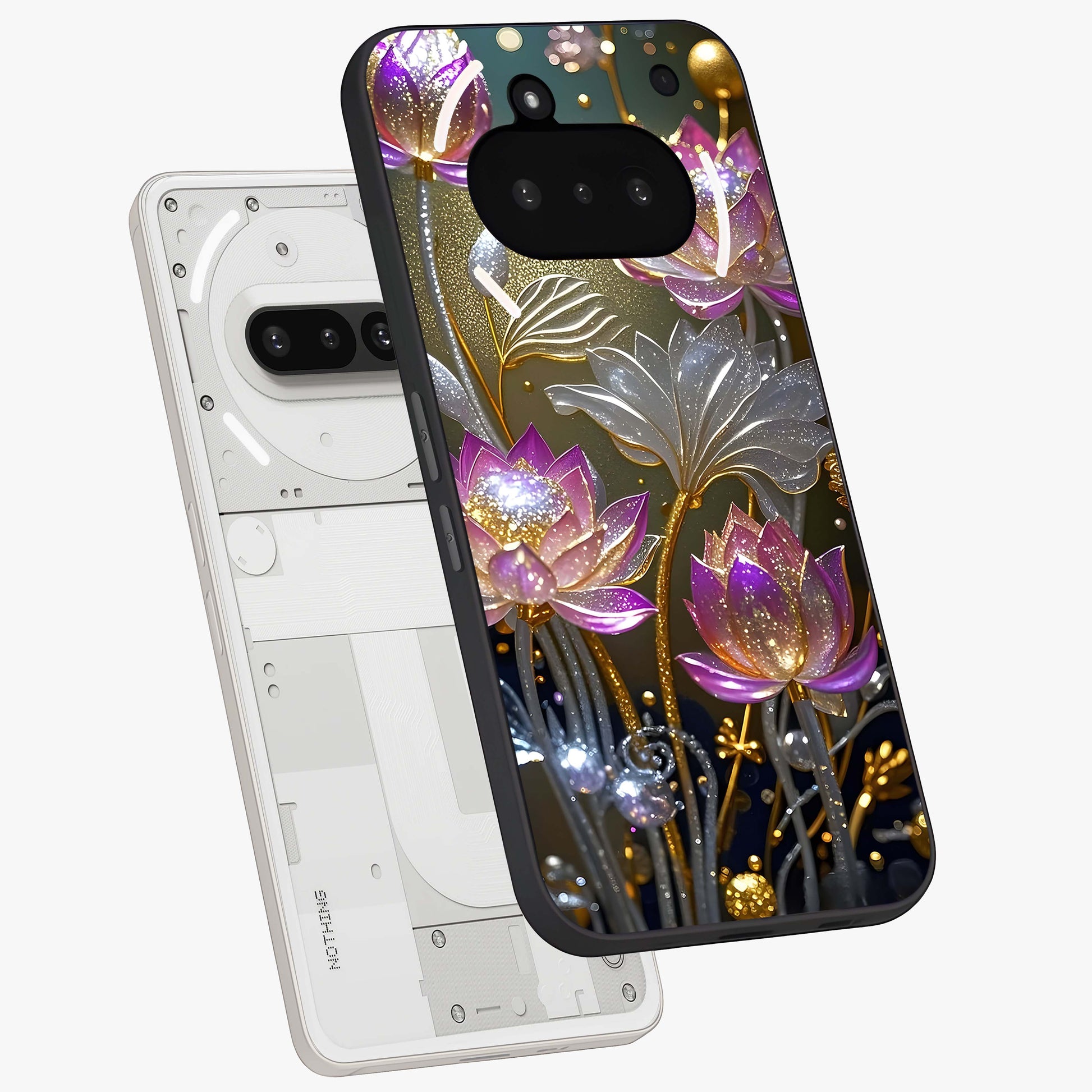 Golden Floral Majesty Glass Case displayed in angled mockup highlighting elegant flower design with royal golden aesthetic.