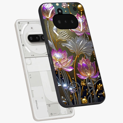 Golden Floral Majesty Glass Case displayed in angled mockup highlighting elegant flower design with royal golden aesthetic.