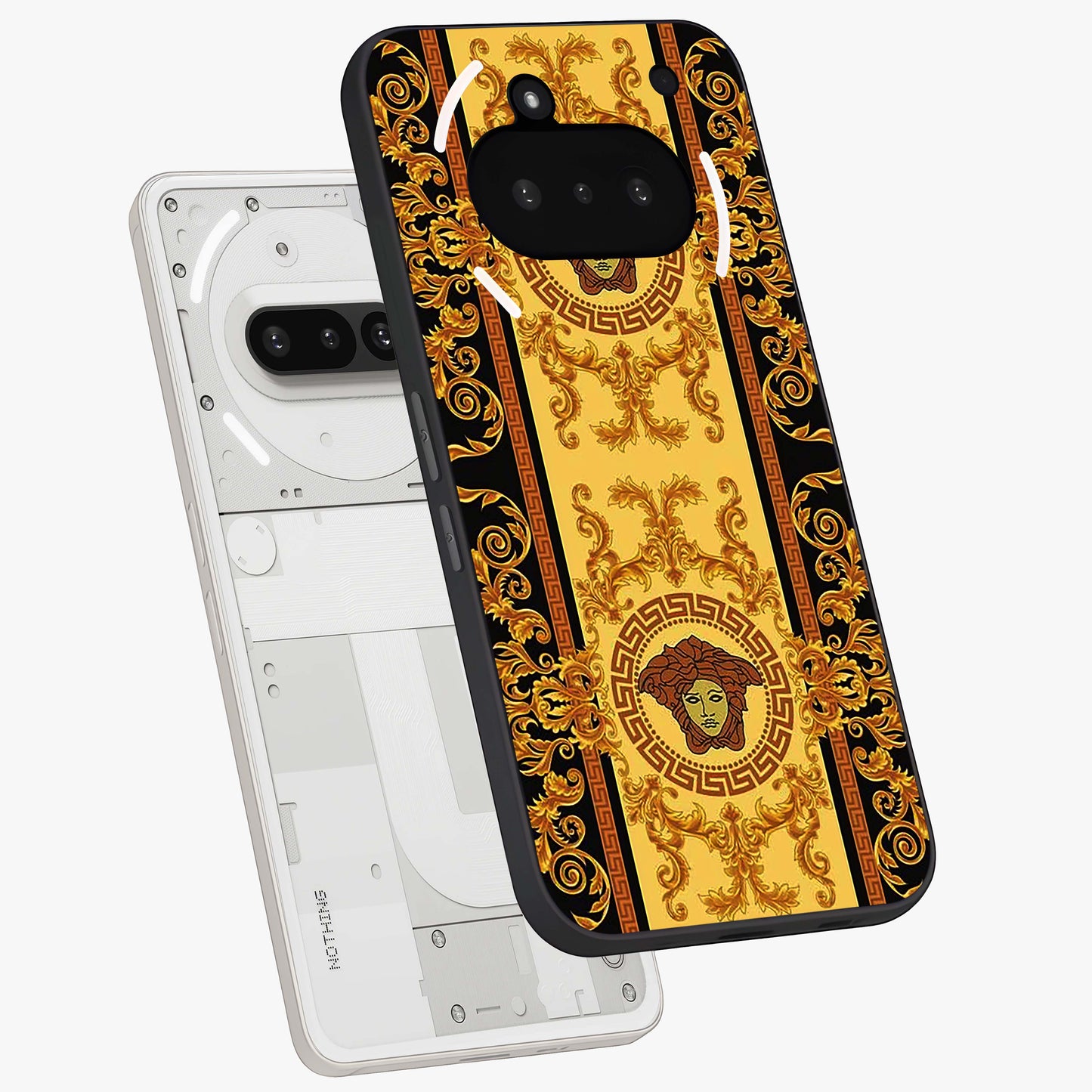 Golden Lotus Glow Glass Case displayed in angled mockup highlighting radiant lotus illustration with spiritual aesthetic.