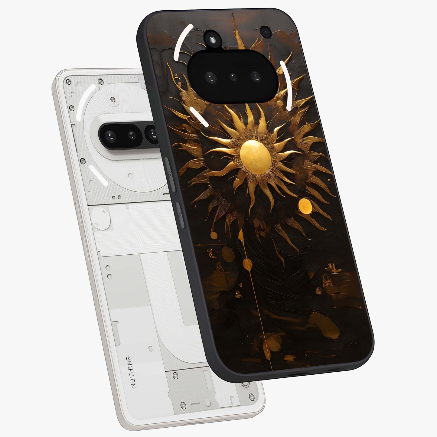 Golden Sun Majesty Glass Case displayed in angled mockup highlighting eerie shadow illustration with gothic aesthetic.