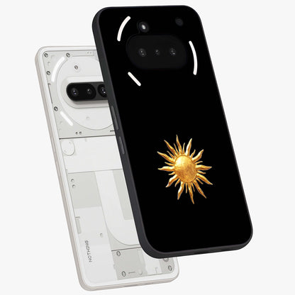Golden Sun Minimalism Glass Case displayed in angled mockup highlighting eerie shadow illustration with gothic aesthetic.
