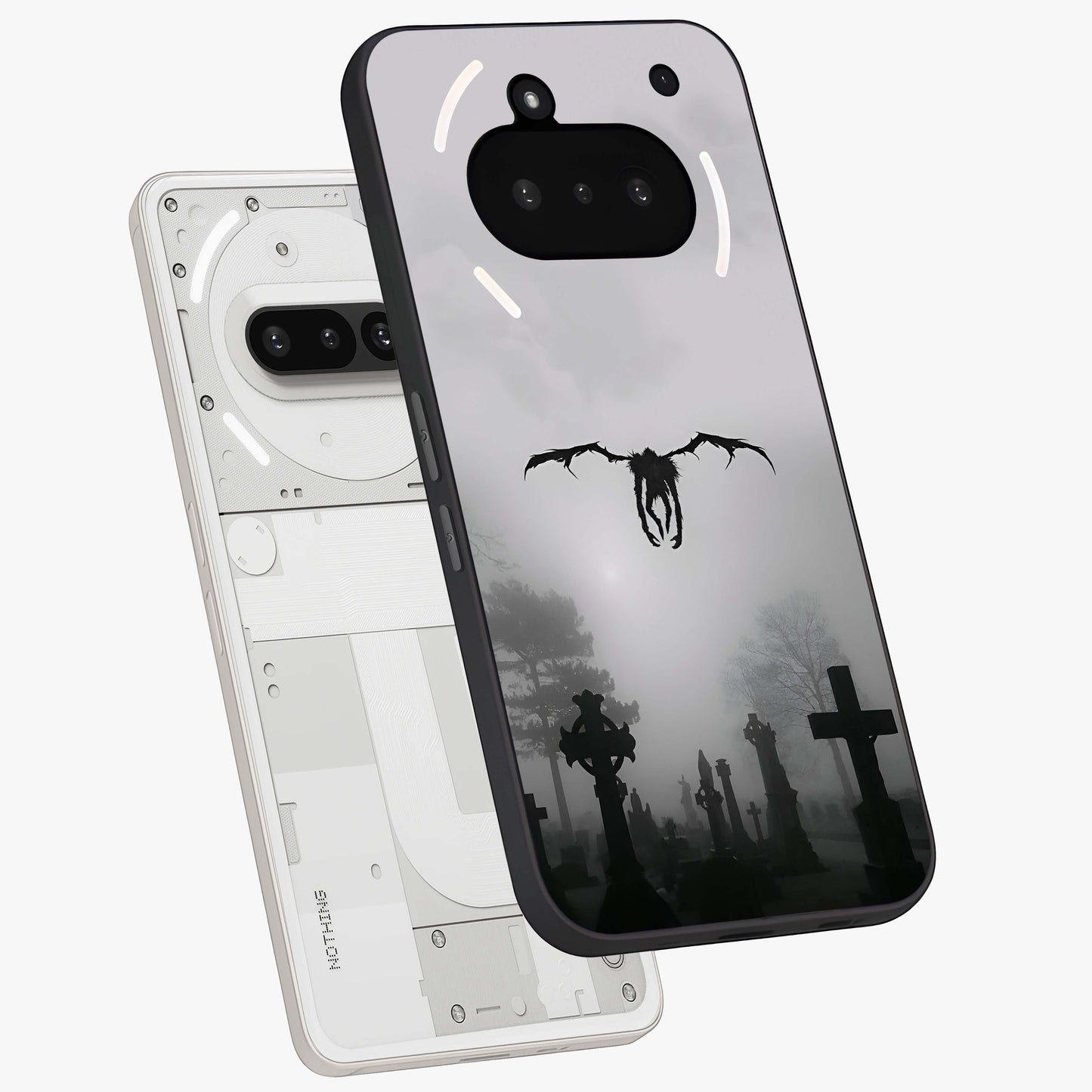 Graveyard Shadow Descent Glass Case displayed in angled mockup highlighting eerie shadow illustration with gothic aesthetic.