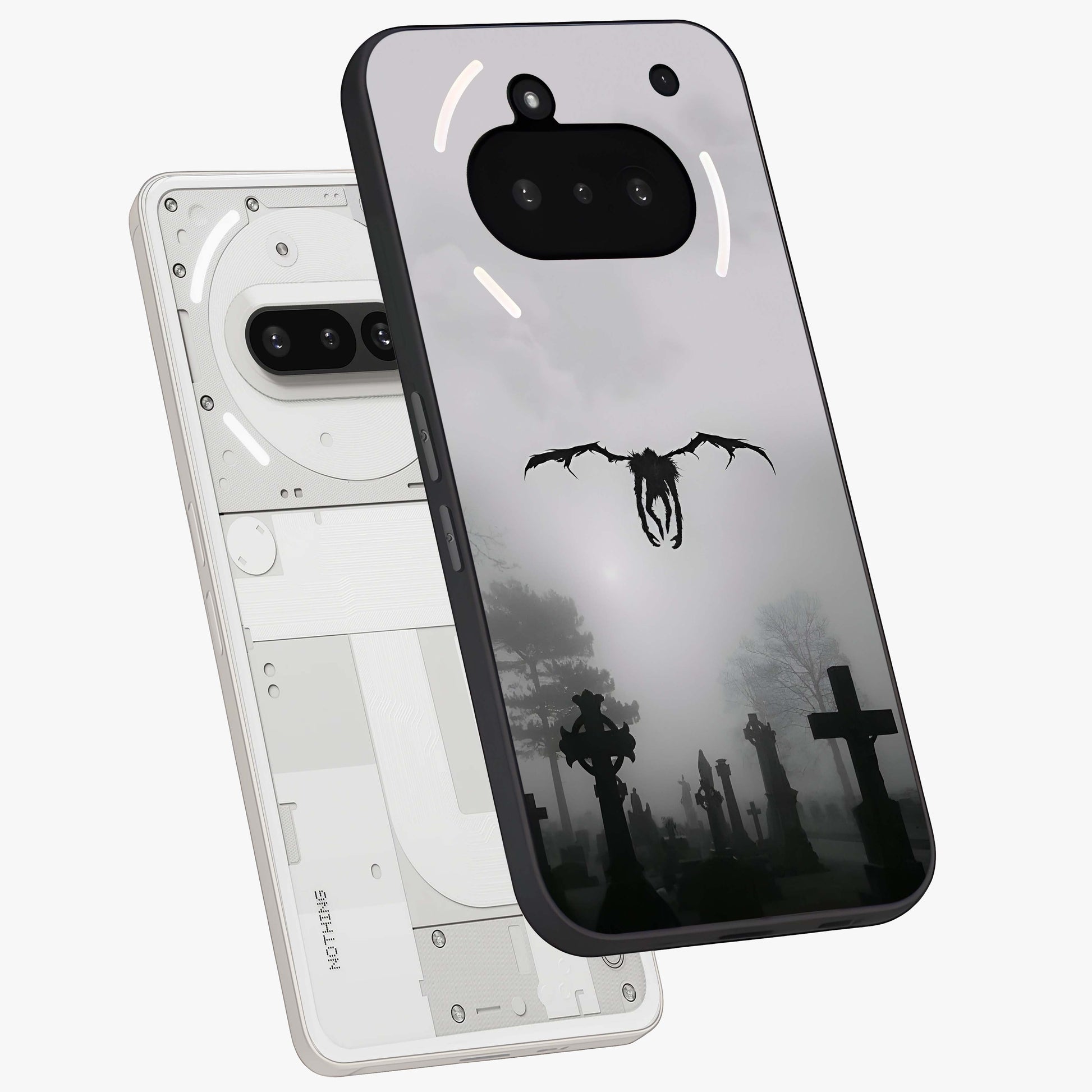 Graveyard Shadow Descent Glass Case displayed in angled mockup highlighting eerie shadow illustration with gothic aesthetic.