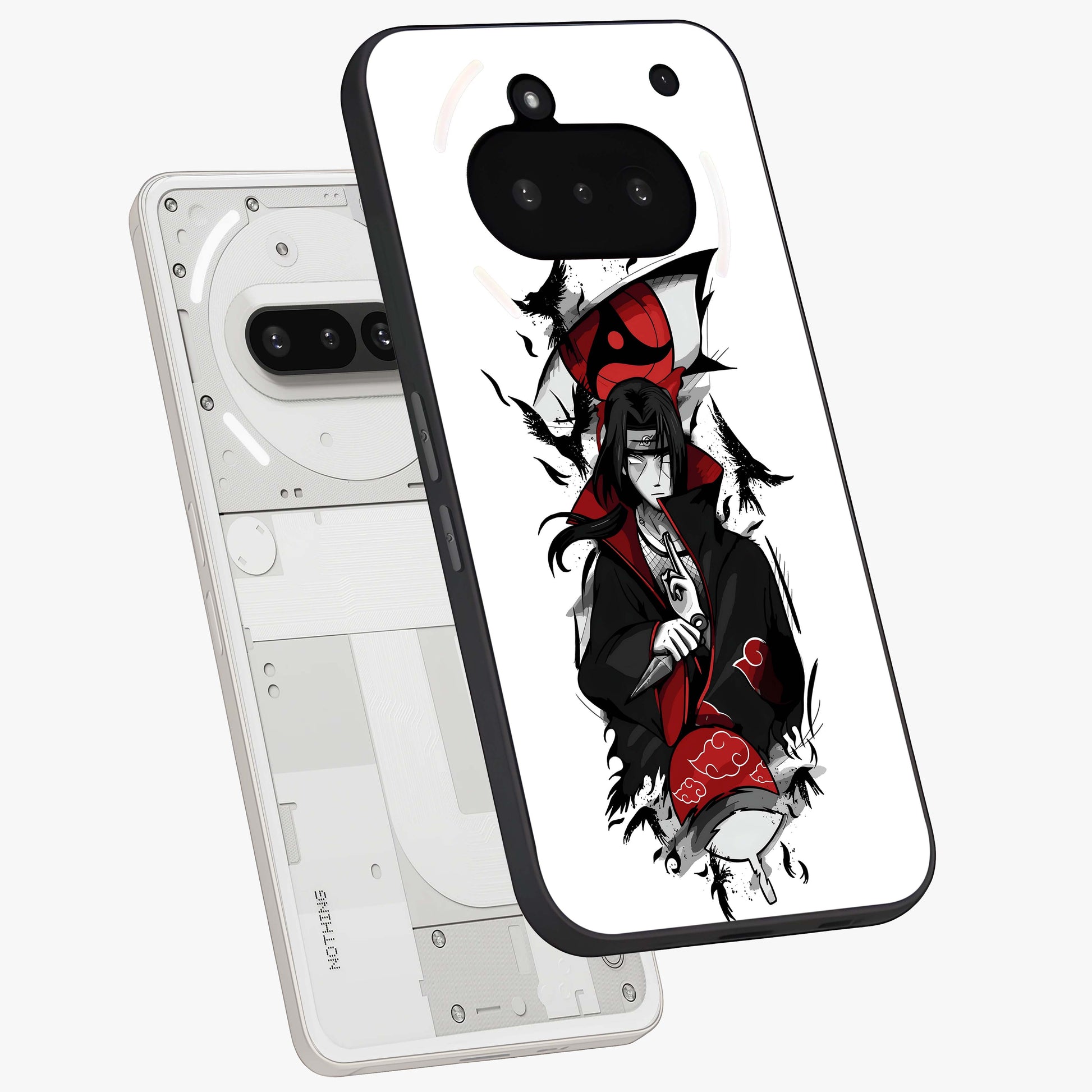 Itachi Limited Edition Naruto Anime Glass Case displayed in angled mockup highlighting dramatic anime illustration with bold action aesthetic.