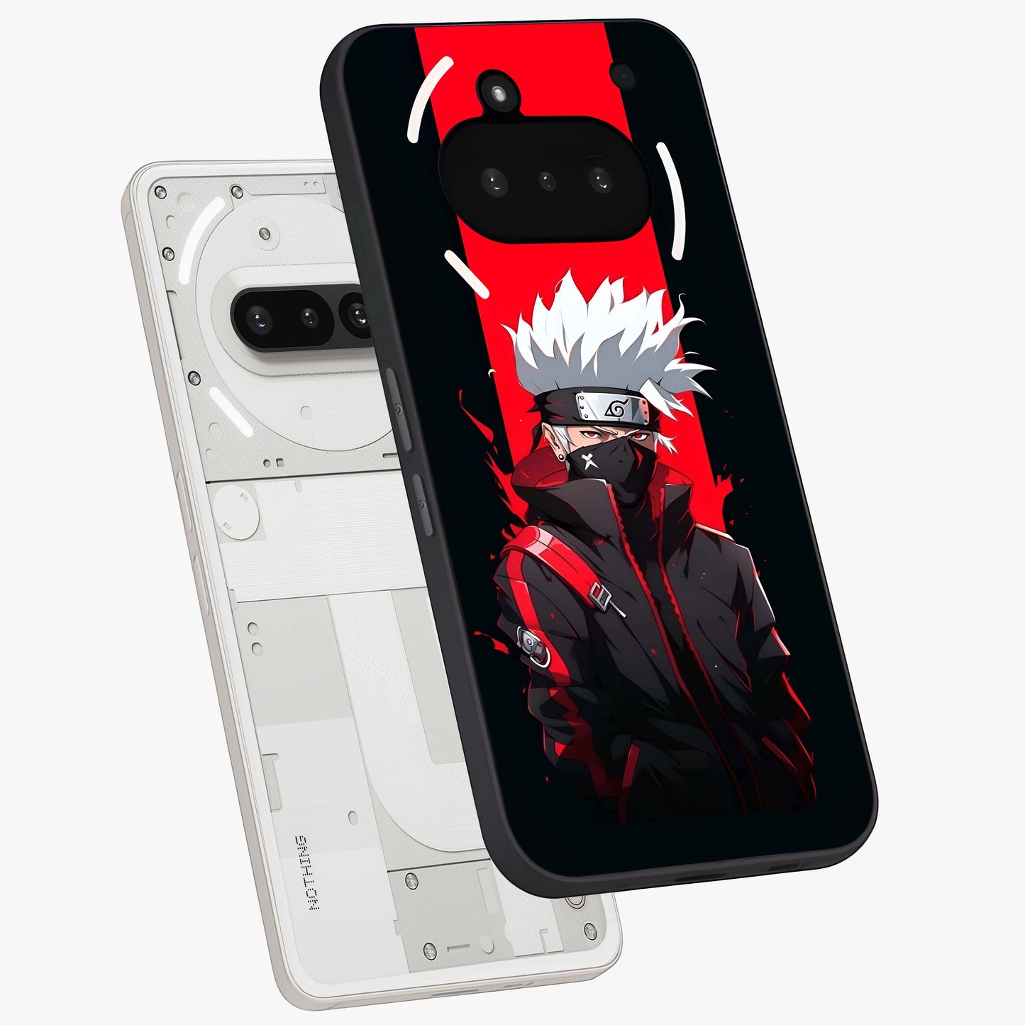 Kakashi Scarlet Shadow Glass Case displayed in angled mockup highlighting dramatic ninja illustration with scarlet themed aesthetic.