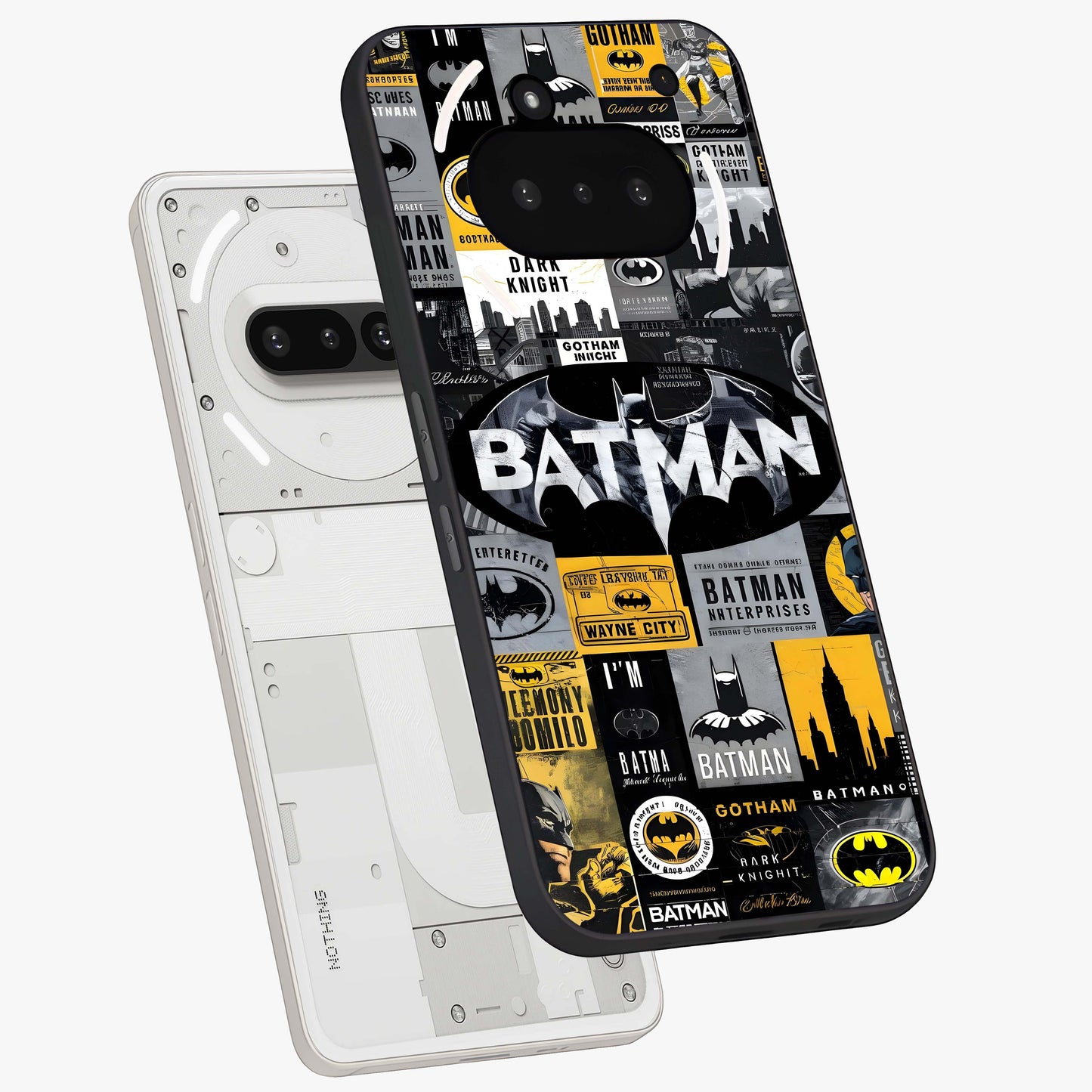 Knight Gotham Rise Glass Case displayed in angled mockup highlighting powerful knight silhouette design with dramatic aesthetic.