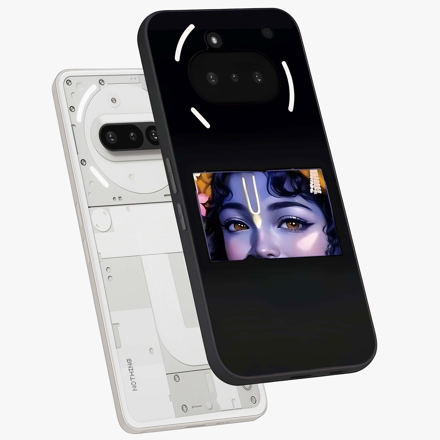 Krishna Divine Embrace Glass Case displayed in angled mockup highlighting divine Krishna illustration with spiritual aesthetic.